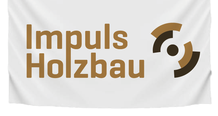 Logo für Impuls Holzbau in brauner Schrift mit einer kreisförmigen, segmentierten Grafik auf weißem Hintergrund.